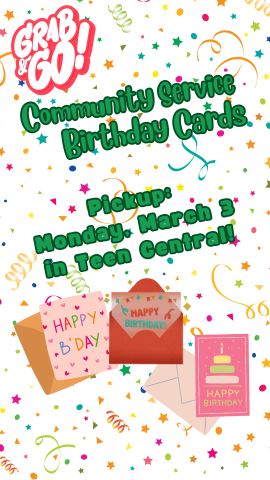 confetti and party background with cartoon birthday cards and program details