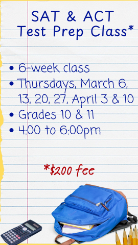 program details on a sheet of loose leaf with a backpack, pencils, and scientific calculator