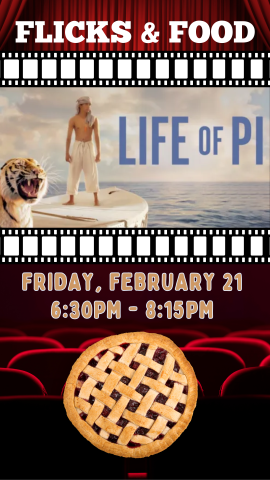 movie still from Life of Pi, an actual pie, and program details