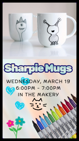 two white mugs with sharpie drawing of aliens, sharpie markers of different colors, heart drawings, flower drawing, and program details