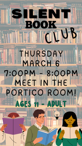 background of real books, 3 cartoon people of various colors reading, and program details