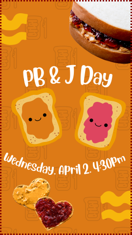 brown background with cartoon slices of bread with peanut butter and jelly, heart shaped bread with peanut butter and jelly, and program details