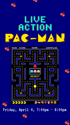 pac-man arcade game screen with gaming font, cherries in the background and program details