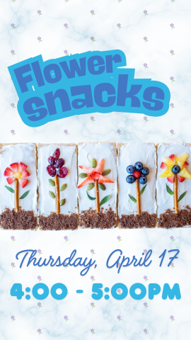 five flowers made out of graham crackers, fruit, and stick pretzels, and program details