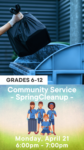 garbage going into a dumpster, cartoon kids posing before cleaning up, and program details