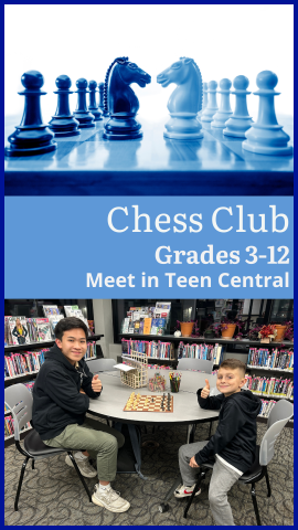 a teen boy and young boy give thumbs up while playing chess together below a picture of chess pictures and program details