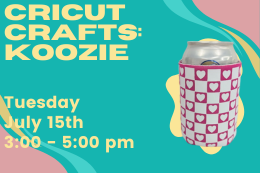 A pink koozie with a white checkerboard pattern next to a description of the program.