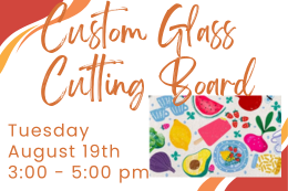 A colorful glass cutting board with fruit and ice pops next to a description of the program.