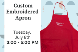 A red apron with "Kristina's Kitchen" Embroidered on it next to a description of the program.