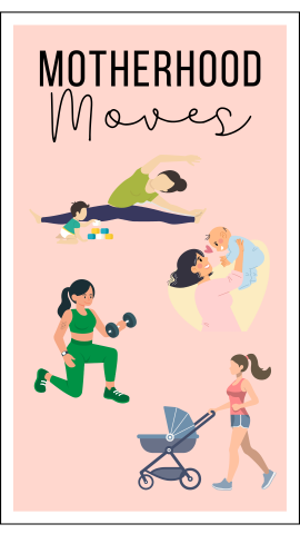 pink background with four women, one stretching with her baby playing next to her, one holding her baby in the air, one strength training with weights in a lunge and one running with a stroller.