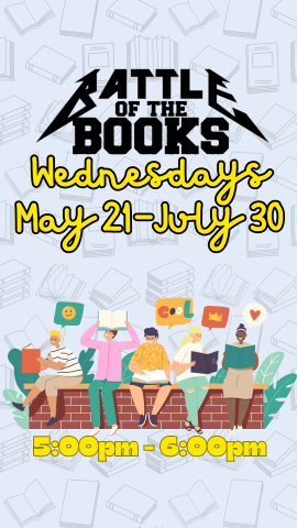 cartoon teens sitting on brick wall holding books and program details