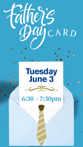 blue background with glitter, an open envelope with a card coming out and a tie on it with program details