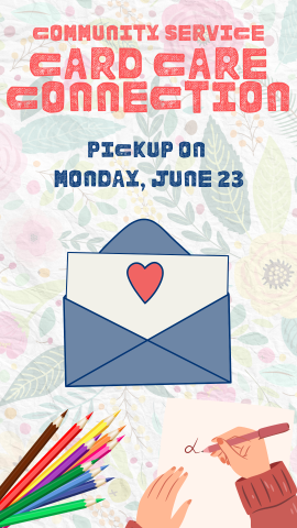 colored pencils in the corner, a hand writing on a piece of paper, an envelope with a heart on it and program details