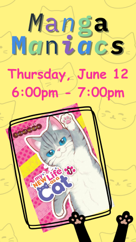 cover of the book, my new life as a cat, with cat faces as a yellow background, two black paws reaching up, and program details