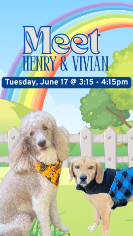 poodle Vivian and beagle mix Henry in front of a cartoon grassy area with a rainbow and program details