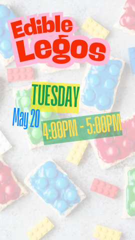 rice krispie treats with m&ms and icing to look like a lego piece in the background. program details.