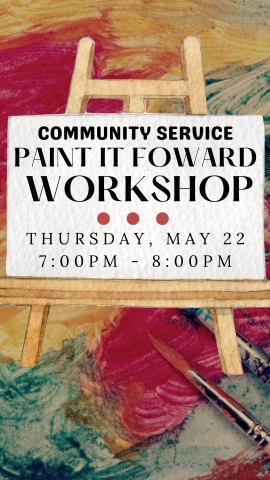 splattered paint and paint brushes in the background with a cavass up front and program details