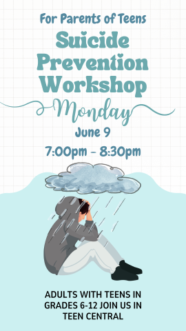 teen wearing gray hoodie with a gray rain cloud over him and program details