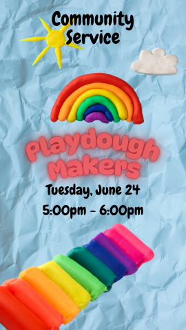 various colors of playdough, a playdough sun, cloud and rainbow, and program details