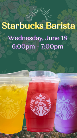 yellow, red, and purple starbucks drinks with program details