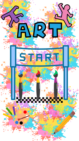 White background with rainbow splatter. Images of paintbrushes, race starting line, pencil, and Keith Haring art. Text Reads "Art Start."
