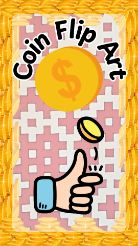 a hand flipping a coin in the air with a checkered background in fuchsia and gray.