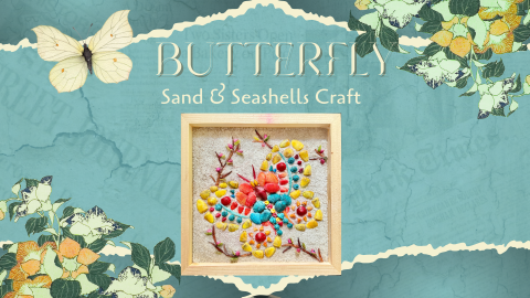 A photo of the craft to be made--a butterfly made of shells on a sand background