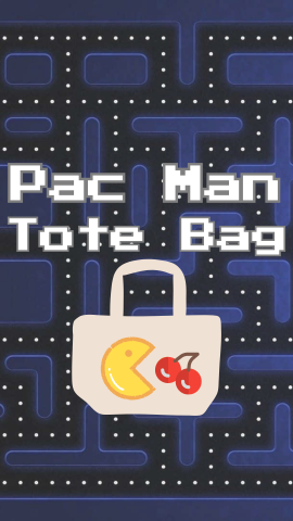 Pac Man game background. Image of a tote bag with pac man eating a cherry on it. Text reads "Pac Man Tote Bag."