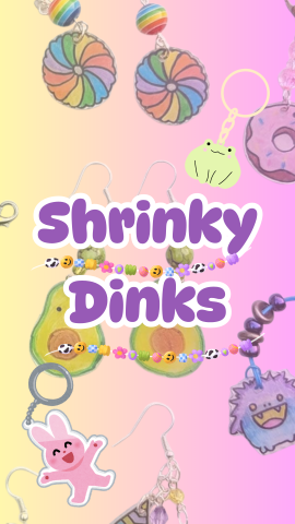 Pink and yellow ombre background. Images of shrinky dinks, frog keychain, and bunny keychain. Text reads "Shrinky Dinks."