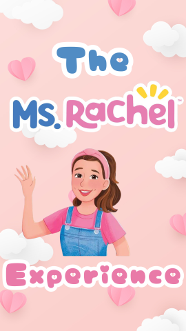 Pink background with floating hearts and clouds, Text reads "The Ms. Rachel Experience", with a graphic of Ms. Rachel