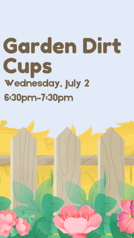 cartoon flowers, field, and fence with program details