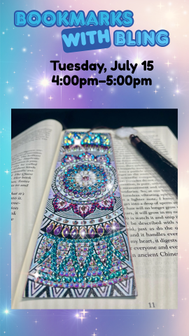 colorful bookmark laying in a book with program details