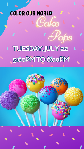 8 colorful cakepops with a sprinkle background and program details