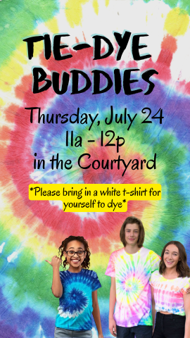 Young girls and teen girl with tie dye shirts on and program details