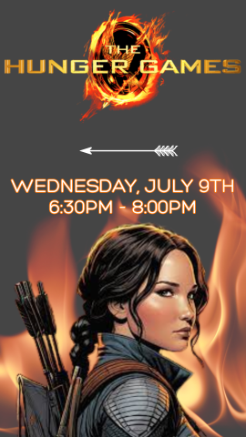 cartoon katniss everdeen, the hunger games logo, and program details
