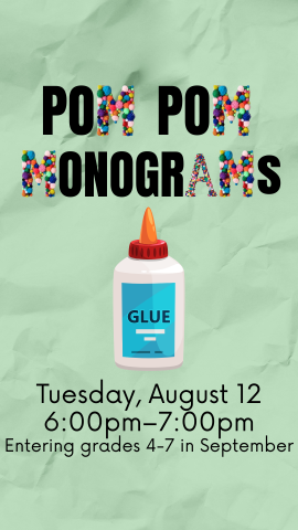 crumbled green paper background, cartoon glue, and program details