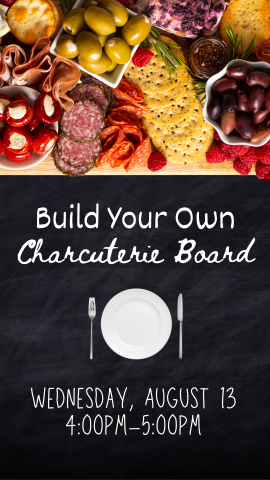 black chalkboard background with charcuterie board and program details