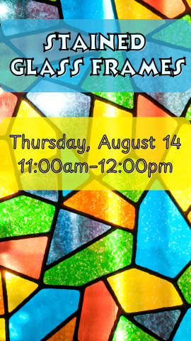 stained glass background with program details