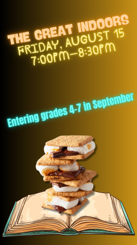 an open book with s'mores on top of it and program details