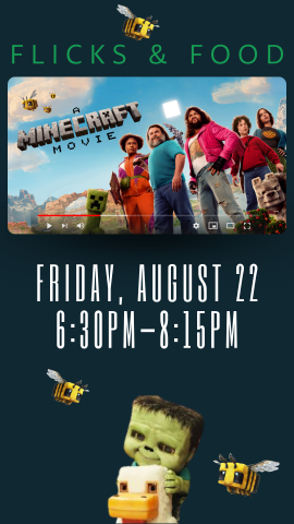 a still from a minecraft movie, chicken jockey, bees, and program details