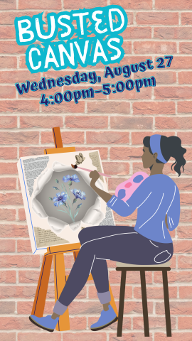 brick wall background, teen girl painting on a canvas and program details