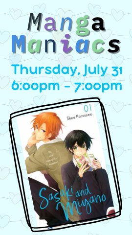 sasaki and miyano book cover with heart background and program details