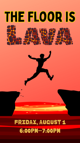red background, lava on the ground with someone jumping over it, and program details