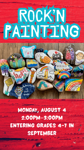 a bunch of painted rocks and a red wooden background with program details