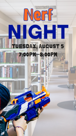 library background, kid with nerf gun in forefront and program details