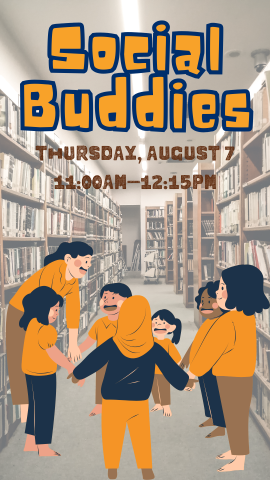 cartoon teens and kids playing in a library with program details
