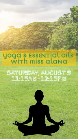 grass and trees background with black outline in a yoga position and program details