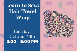 A floral hair towel wrap next to a description of the program.