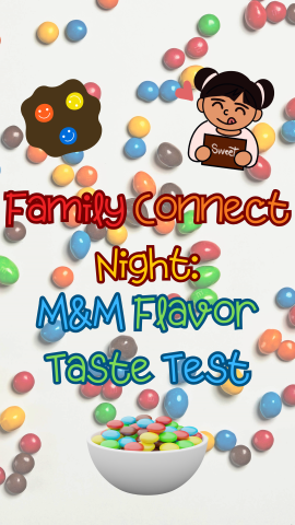 Background of spilled M&M's. Images of a bowl of M&M's and a girl holding a sign that says "sweet." Text reads "Family Connect Night: M&M Flavor Taste test."