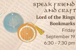 Two round bookmarks with tassels and Lord of the Rings imagery next to a description of the program.